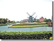 Before entrance, windmill and colorfull flower field of yellow and red